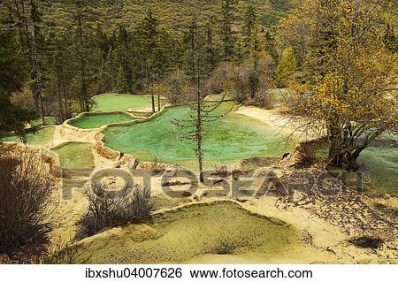 Stock Photograph - "Lime terraces with lakes in autumnal environment, Huanglong National Park, Sichuan Province, China, Asia". Fotosearch