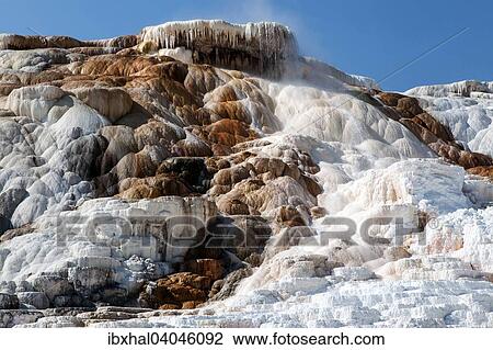 "Limestone sinter terraces, hot springs, Terrace Mountain at Mammoth Hot Springs, Yellowstone National Park, Wyoming, United States, North America" View Large Photo Image Stock Image - "Limestone sinter terraces, hot springs, Terrace Mountain at Mammoth Hot Springs, Yellowstone National Park, Wyoming, United States, North America". Fotosearch