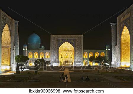 Stock Photo - "Links Ulugbek Madrasah, middle Tilya-Kori Madrasah, right Sher-Dor Madrasah, Registan, at night, Samarkand, Uzbekistan, Asia". Fotosearch