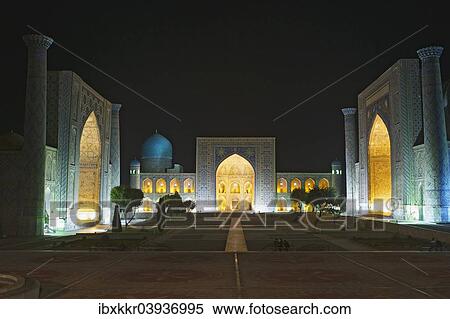 "Links Ulugbek Madrasah, middle Tilya-Kori Madrasah, right Sher-Dor Madrasah, Registan, at night, Samarkand, Uzbekistan, Asia" View Large Photo Image Stock Photography - "Links Ulugbek Madrasah, middle Tilya-Kori Madrasah, right Sher-Dor Madrasah, Registan, at night, Samarkand, Uzbekistan, Asia". Fotosearch
