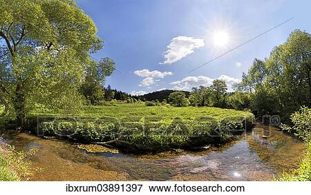 Stock Photo - "Loop of the Morsbach stream, untouched nature, """"Ritter- und Romerweg"""", trail of the """"Knights and the Romans"""" near Emsing, Titting, Altmuhltal Nature Park, Bavaria, Germany, Europe". Fotosearch