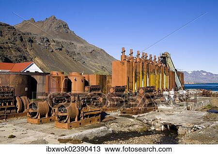 "Machinery of the former whaling station of Grytviken, King Edward Cove, South Georgia, South Sandwich Islands, British Overseas Territory, South Atlantic Ocean, Subantarctic, Antarctica" View Large Photo Image Stock Image - "Machinery of the former whaling station of Grytviken, King Edward Cove, South Georgia, South Sandwich Islands, British Overseas Territory, South Atlantic Ocean, Subantarctic, Antarctica". Fotosearch