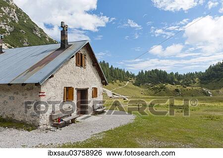 Stock Photograph - "Malga Spora mountain hut, Brenta Group in the Dolomites, near Molveno, South Tyrol province, Trentino-Alto Adige, Italy, Europe". Fotosearch