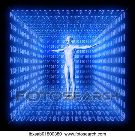 Stock Image - "Man in a futuristic room made from binary code, concept digitalisation, virtual reality, avatar". Fotosearch
