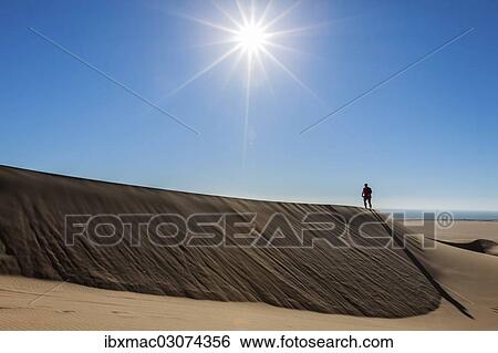 Stock Photograph - "Man walking in the dune belt of Long Beach, Swakopmund, Namibia, Africa". Fotosearch