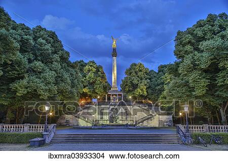 "Maximilian Park with the Angel of Peace, dolphin fountain at the front, dusk, blue hour, Munich, Upper Bavaria, Bavaria, Germany, Europe" View Large Photo Image Picture - "Maximilian Park with the Angel of Peace, dolphin fountain at the front, dusk, blue hour, Munich, Upper Bavaria, Bavaria, Germany, Europe". Fotosearch