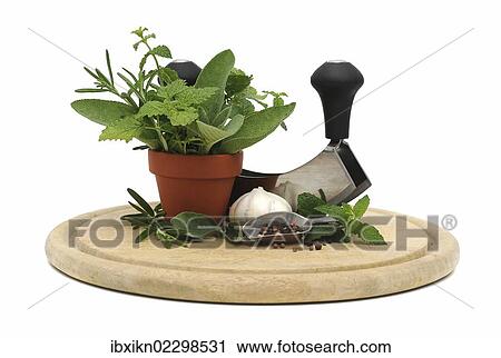 "Mezzaluna or herb chopper, herbs, spices and garlic on a wooden board" View Large Photo Image Stock Image - "Mezzaluna or herb chopper, herbs, spices and garlic on a wooden board". Fotosearch