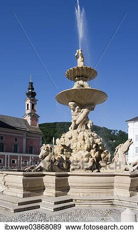 Stock Photo - "Michael's Church, Residenzbrunnen fountain, Residenzplatz square, Salzburg, Austria, Europe". Fotosearch