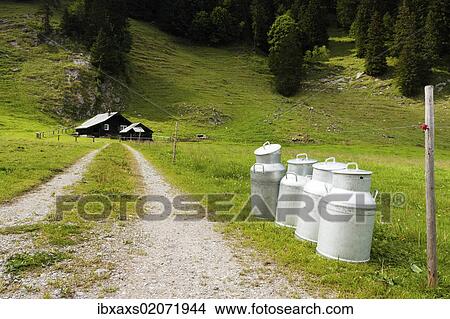 Picture - "Milk cans on a path leading to an alpine cabin near Saemtisersee Lake, 1230m, Bruelisau, Appenzell Innerrhoden or Inner Rhodes, Switzerland, Europe, PublicGround, Europe". Fotosearch