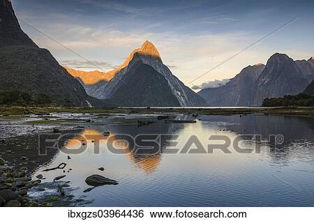 Stock Photograph - "Mitre Peak in the morning light, Fiordland National Park, Milford Sound, South Island, New Zealand, Oceania". Fotosearch