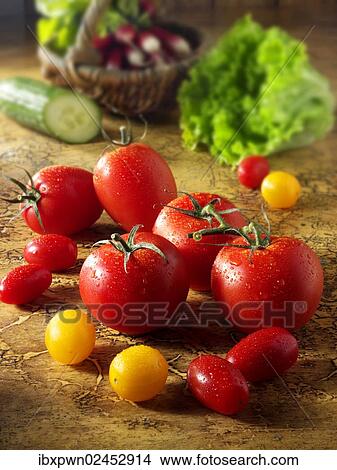 Mixed red and yellow tomatoes and salad leaves View Large Photo Image Picture - Mixed red and yellow tomatoes and salad leaves. Fotosearch