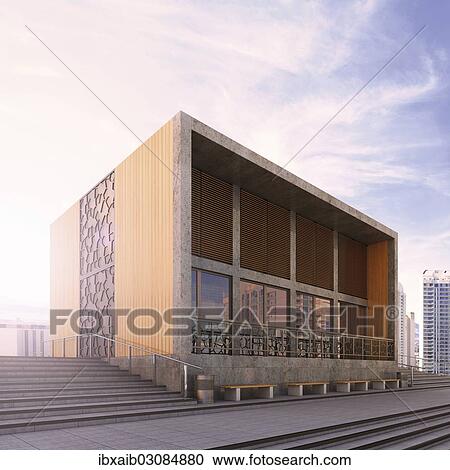 Stock Image - "Modern building, 3D illustration, rendering, computer graphics". Fotosearch
