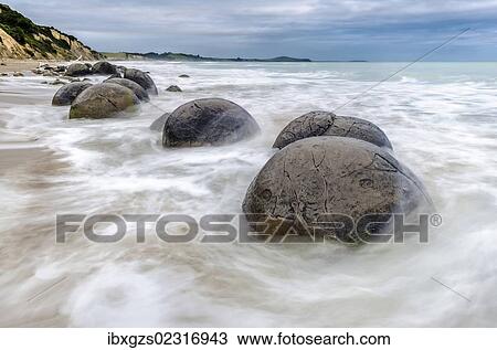 "Moeraki Boulders, geological feature, round rock balls, washed by the waves of the surf at high tide, Coastal Otago, Moeraki, South Island, New Zealand, Oceania" View Large Photo Image Stock Image - "Moeraki Boulders, geological feature, round rock balls, washed by the waves of the surf at high tide, Coastal Otago, Moeraki, South Island, New Zealand, Oceania". Fotosearch