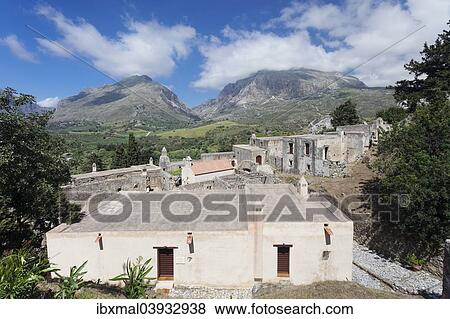 Stock Photo - "Monastery Kato Prevelis, Valley of Megalopotamos, Kouroupa and Xiro Mountains, Rethymno, Crete, Greece, Europe". Fotosearch