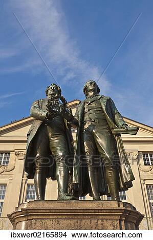 Picture - "Monument to Goethe and Schiller, Deutsches Nationaltheater, German National Theatre, Theaterplatz square, Weimar, Thuringia, Germany, Europe". Fotosearch