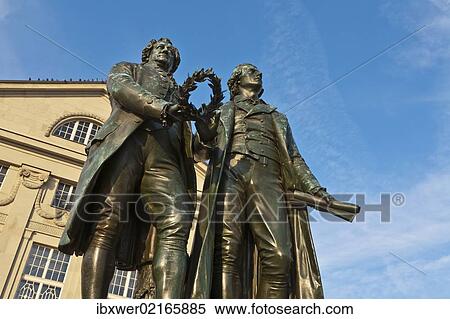 Stock Photography - "Monument to Goethe and Schiller, Deutsches Nationaltheater, German National Theatre, Theaterplatz square, Weimar, Thuringia, Germany, Europe". Fotosearch