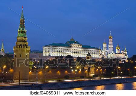 "Moscow Kremlin with palace and cathedrals on Moskva River at night, Moscow, Russia, Europe" View Large Photo Image Stock Image - "Moscow Kremlin with palace and cathedrals on Moskva River at night, Moscow, Russia, Europe". Fotosearch