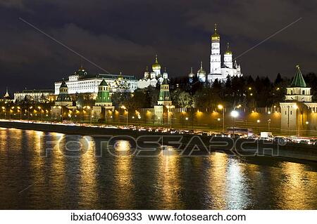 "Moscow Kremlin with palace and cathedrals on Moskva River at night, Moscow, Russia, Europe" View Large Photo Image Stock Image - "Moscow Kremlin with palace and cathedrals on Moskva River at night, Moscow, Russia, Europe". Fotosearch