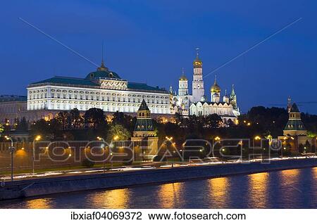 Stock Image - "Moscow Kremlin with palace and cathedrals on Moskva River at night, Moscow, Russia, Europe". Fotosearch