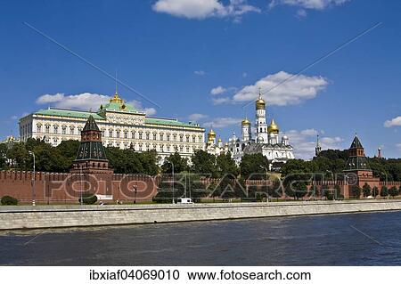 Stock Image - "Moscow Kremlin with the Grand Kremlin Palace and cathedrals, Moskva River, Moscow, Russia, Europe". Fotosearch