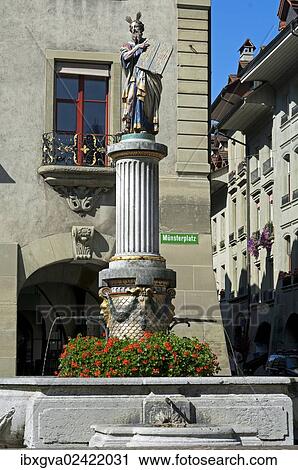 Stock Image - "Moses with the 10 Commandments, Moses fountain in the historic town centre of Bern, Switzerland, Europe". Fotosearch