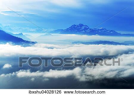 Stock Photograph - "Mount Pilatus above sea of? Çï? Çïfog with Lake Lucerne, Canton of Zug, Switzerland, Europe". Fotosearch