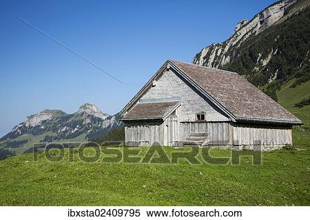 "Mountain hut, Hoher Kasten mountain at the back, Alpstein mountain group, Appenzell, Switzerland, Europe, PublicGround, Europe" View Large Photo Image Stock Photography - "Mountain hut, Hoher Kasten mountain at the back, Alpstein mountain group, Appenzell, Switzerland, Europe, PublicGround, Europe". Fotosearch