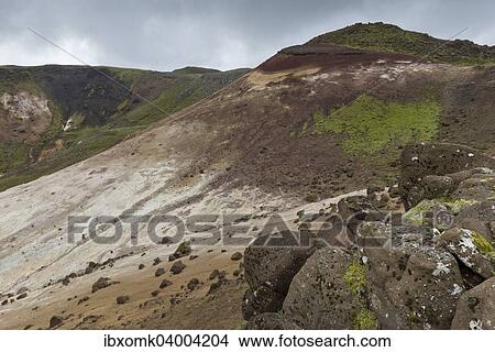Picture - "Mountain slope in the Seltun geothermal area near Krysuvik or Krisuvik, Reykjanesskagi, Southern Peninsula or Reykjanes, Iceland, Europe". Fotosearch