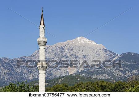 Stock Photo - "Mt. Tahtali Dagi and minaret, Olimpos Beydaglari National Park, Tekirova, Lycia, Province of Antalya, Turkey, Asia". Fotosearch
