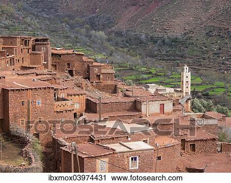 "Mud-brick village of Anammer, Ourika Valley, Atlas Mountains, Marrakech-Tensift-Al Haouz, Morocco, Africa" View Large Photo Image Stock Image - "Mud-brick village of Anammer, Ourika Valley, Atlas Mountains, Marrakech-Tensift-Al Haouz, Morocco, Africa". Fotosearch