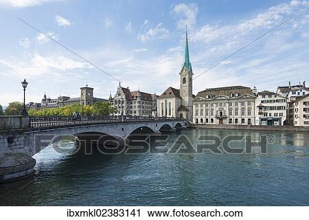 "Muenster Bridge over the Limmat river with Fraumuenster church and the old town promenade, Zurich, Canon of Zurich, Switzerland, Europe" View Large Photo Image Stock Image - "Muenster Bridge over the Limmat river with Fraumuenster church and the old town promenade, Zurich, Canon of Zurich, Switzerland, Europe". Fotosearch