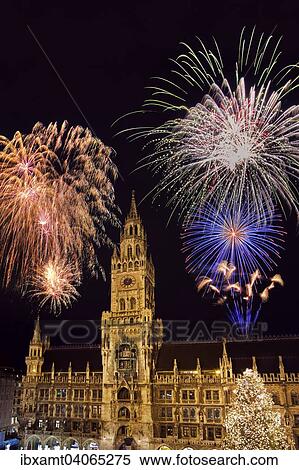 Stock Photography - "Munich City Hall, Marienplatz square, with New Year's fireworks, Munich, Upper Bavaria, Bavaria, Germany, Europe". Fotosearch