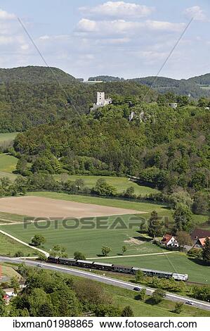 "Museum railway with Burg Neideck castle ruins at back, market town of Wiesenttal, Franconian Switzerland, Upper Franconia, Franconia, Bavaria, Germany, Europe" View Large Photo Image Stock Photography - "Museum railway with Burg Neideck castle ruins at back, market town of Wiesenttal, Franconian Switzerland, Upper Franconia, Franconia, Bavaria, Germany, Europe". Fotosearch