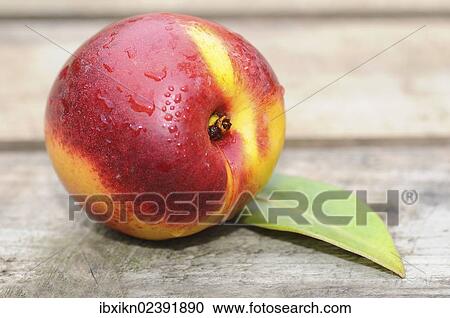Stock Image - Nectarine with water drops on wood. Fotosearch