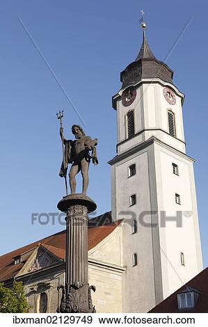 "Neptunbrunnen fountain and Cathedral """"Unserer Lieben Frau"""", Lindau on Lake Constance, Swabia, Bavaria, Germany, PublicGround, Europe" View Large Photo Image Stock Photo - "Neptunbrunnen fountain and Cathedral """"Unserer Lieben Frau"""", Lindau on Lake Constance, Swabia, Bavaria, Germany, PublicGround, Europe". Fotosearch