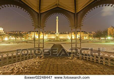 Stock Photo - "Neues Schloss, New Palace or Castle, Jubilaeumssaeule columns, Schlossplatz square, winter, snow, Stuttgart, Baden-Wuerttemberg, Germany, Europe". Fotosearch