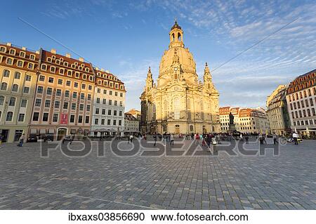 Stock Image - "Neumarkt square with Frauenkirche church in evening light, historic centre, Dresden, Saxony, Germany, Europe". Fotosearch