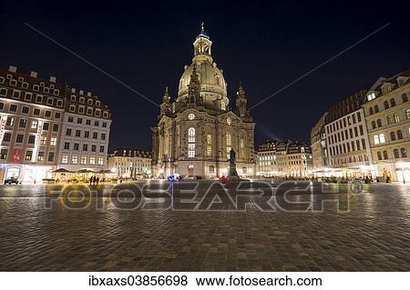 Stock Photo - "Neumarkt square with Frauenkirche church at night, historic centre, Dresden, Saxony, Germany, Europe". Fotosearch