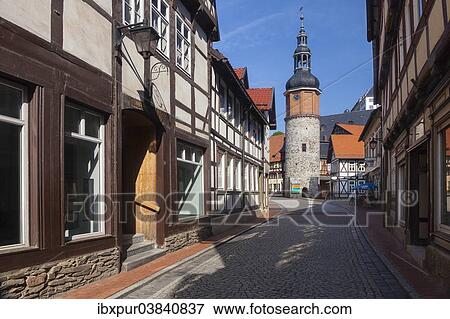 Stock Photo - "Niedergasse alley with Saigerturm tower, Stolberg im Harz, Saxony-Anhalt, Germany, Europe". Fotosearch
