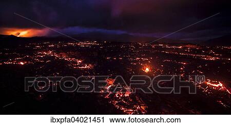 Stock Image - "Night panorama of the eruption of the Tolbachik volcano, Kamchatka, Russia, Europe". Fotosearch