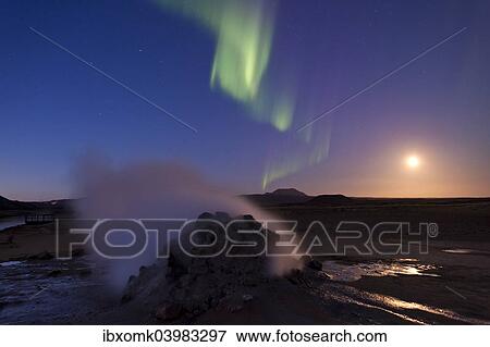 "Northern lights, full moon, solfatara, fumaroles, sulphur and other minerals, steam, Hverarond high temperature or geothermal area, Namafjall mountains, Myvatn area, Northeastern Region, Iceland, Europe" View Large Photo Image Stock Photo - "Northern lights, full moon, solfatara, fumaroles, sulphur and other minerals, steam, Hverarond high temperature or geothermal area, Namafjall mountains, Myvatn area, Northeastern Region, Iceland, Europe". Fotosearch