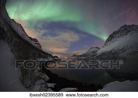 Stock Photo - "Northern Lights over the Grotfjord in winter, Kvaloya, Tromso, Norway, Europe". Fotosearch