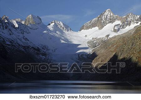 Stock Image - "Oberaar Glacier and lake, Grimsel, Bern, Switzerland, Europe". Fotosearch