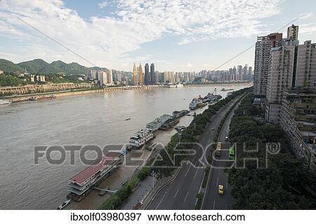 Stock Photo - "Old and new high-rises at the Yangtze cable car, on the Yangtze River, Chongqing, China, Asia". Fotosearch