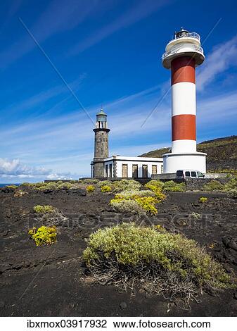 Stock Image - "Old and new lighthouse at Faro de Fuencaliente, Los Quemados, South Coast, La Palma, Canary Islands, Spain, Europe". Fotosearch