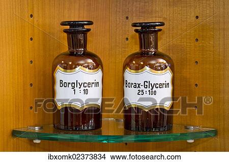 "Old glass bottles for medical ingredients labeled glycerin in a pharmacy, Stuttgart, Baden-Wuerttemberg, Germany, Europe" View Large Photo Image Picture - "Old glass bottles for medical ingredients labeled glycerin in a pharmacy, Stuttgart, Baden-Wuerttemberg, Germany, Europe". Fotosearch