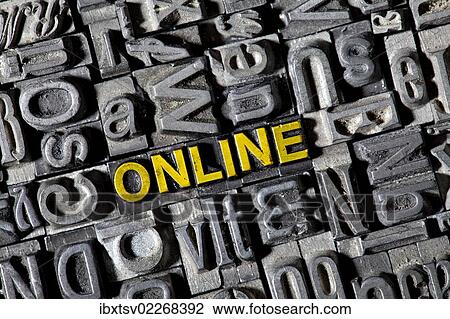 Stock Image - "Old lead letters forming the word """"Online""""". Fotosearch