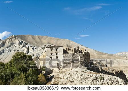 Stock Photo - "Old Royal Palace, white ruins, Dzong architecture, eroded landscape, Charang, Mustang District, Nepal, Asia". Fotosearch