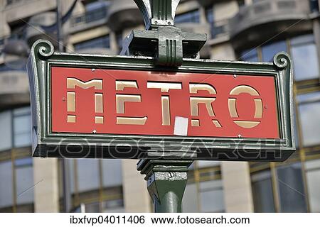 Stock Photograph - "Old sign """"Metro"""" at a subway station, Paris, France, Europe". Fotosearch