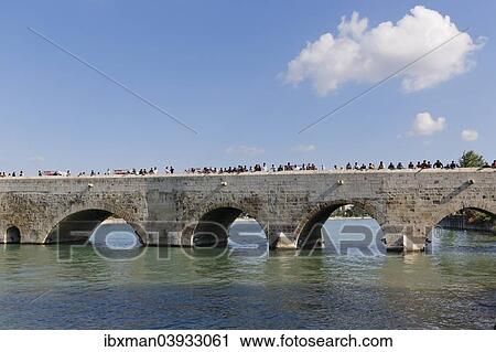 Stock Image - "Old stone bridge, Taskopru, Seyhan River, Adana, Cukurova, Mediterranean, Turkey, Asia". Fotosearch